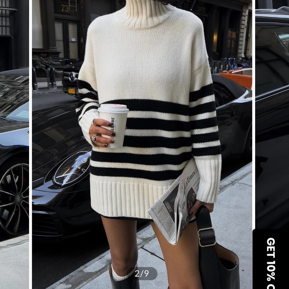 Commense Black and White Striped Turtleneck Sweater